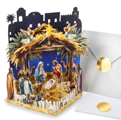 3D Pop-up Weihnachtskarte Krippe – Christliche Karte mit Maria, Josef & Königen