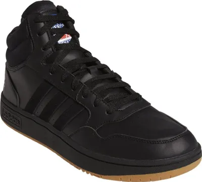 A studio shot of a black Adidas Hoops 3.0 Mid sneaker.