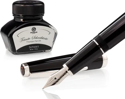 Immagine prodotto di Set penna stilografica Cleo Skribent Classic Palladium Nero, penna stilografica a cartuccia e 30 ml di inchiostro nero