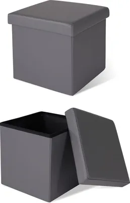 A gray storage ottoman is shown in two views: closed and open.