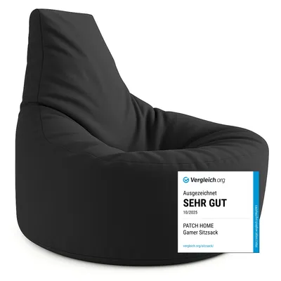 A black beanbag chair is shown against a white background, with a small white and blue overlay in the bottom right corner.