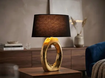 Produktbild von Große Tischleuchte mit Keramikfuß Gold, Stoffschirm Schwarz & E27 LED, Höhe 52cm