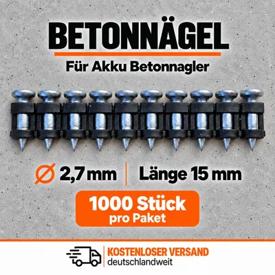 Imagen del producto de Clavos de hormigón de 15 mm, 1000 unidades, para clavadoras de hormigón a batería