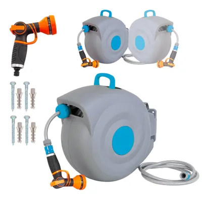 Produktbild von Gartenschlauchaufroller 30m Schwenkbare Schlauchtrommel Wand-Schlauchbox mit Arretierstop Inkl. Wandhalterung mit 11-Muster-Sprühdüse Autowaschen