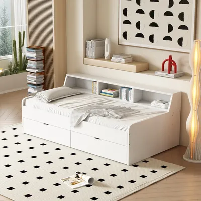 Obrázek produktu pro okwish Rozkládací postel 90*200 cm s dvěma zásuvkami a 3 úložnými prostory, Bílá