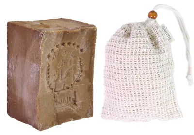 Produktbild von TUMELO Original Aleppo Seife 200g 80% Olivenöl 20% Lorbeeröl + Sisal Seifensäckchen, handgemachte Olivenölseife Naturseife