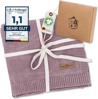 Produktbild von Minky Mooh Babydecke Baumwolle, Kuscheldecke, Strickdecke, Krabbeldecke & Puckdecke, Erstausstattung, 94x72 cm, Flieder