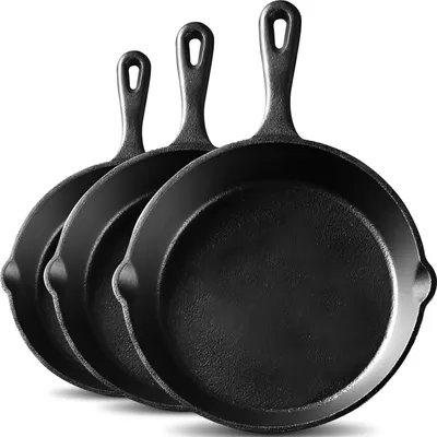 Produktbild von Gusseisen Brat und Steak Pfannen Set 3-tlg ø 15,5 ø 20,5 ø 25,5 cm Gusseisenpfanne Bratpfannenset  Bratpfannen-Set BBQ Ohne Antihaftbeschichtung Retoo