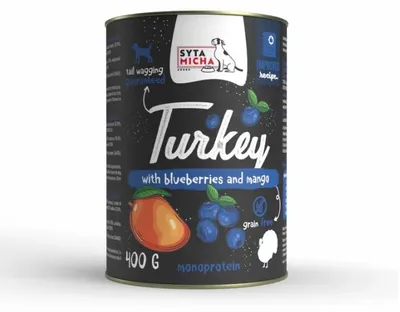 Obrázek produktu pro Konzerva pro psy krůta s borůvkami a mangem 400g
