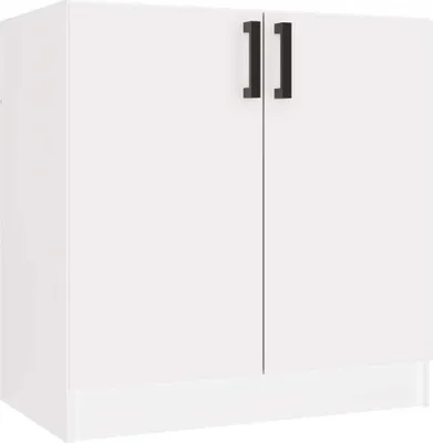 A white kitchen cabinet with two black handles.