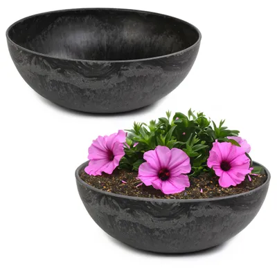 Image de Jardinière ronde ventrue de 20 cm pour l'extérieur, noire marbrée