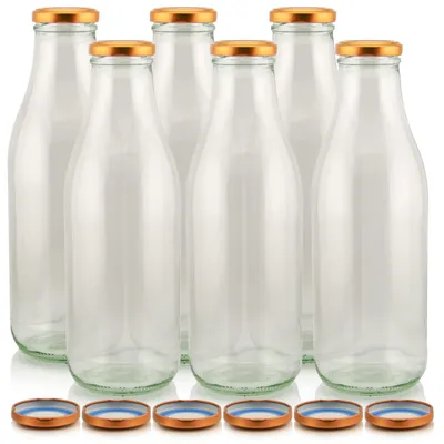 Milch Glasflaschen transparent im Set mit 6 Flaschen und Ersatzdeckeln kupfer