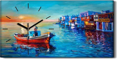 Produktbild von Wandbild Leinwand Bilder mit Uhr 60x30 Gemälde Ozean Meer Boot Sonnenuntergang - schwarze Hände