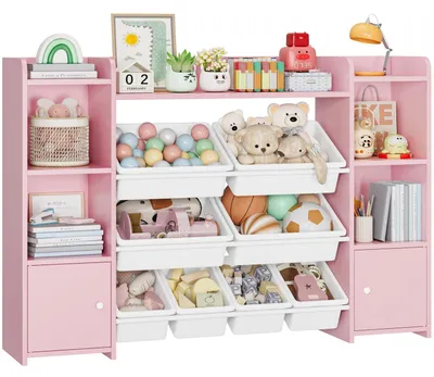 Image de Étagère pour enfants avec 8 boîtes, de couleur rose, dimensions 138,8 x 94,3 x 29,6 cm, en bois et plastique