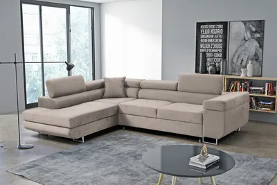 Image de Canapé d'angle Marlene III en L avec appuie-tête réglables Fonction couchage Coffre de rangement 271 cm Livraison à domicile Salon gauche (couleur : beige Vena 07)