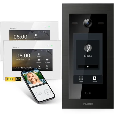 Produktbild von Balter EVO-HD Video Türsprechanlage mit Touchscreen schwarz, App, 1 Familienhaus, 2x 7 Zoll Monitor, Türklingel mit Kamera Full HD, 2 Draht Bus