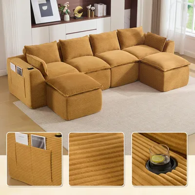 Produktbild von Modulares 4-Sitzer-Sofa mit 2 Fusshockern, Kissen, Getraenkehalter, bequem, Orange