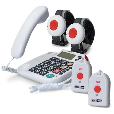 Image de Maxcom KXTSOS : Téléphone pour seniors, téléphone fixe filaire avec 2 émetteurs-bracelets et 2 émetteurs-couvercles, grandes touches, fiche d'adaptation