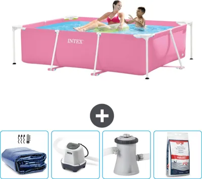 A pink Intex swimming pool with two people in it, accompanied by images of accessories.