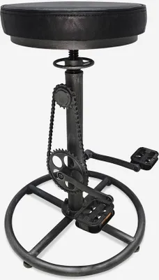 A close-up studio shot of a bar stool with a bicycle-themed design.