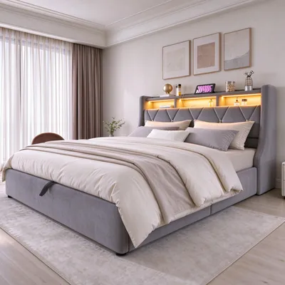 Obrázek produktu pro Postel s čalouněnou konstrukcí 160x200 cm, s úložným prostorem, manželská postel s čelem, postel s úložným prostorem, LED osvětlením a zásuvkou, šedá barva, materiál: sametová látka + překližka + MDF