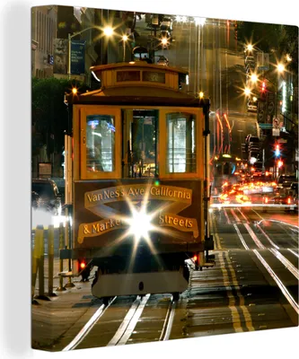 Produktbild von MuchoWow® - Leinwandbilder - Straßenbahn in San Francisco bei Nacht, Wandbild, Wanddeko Bilder Wohnzimmer, 20x20 cm