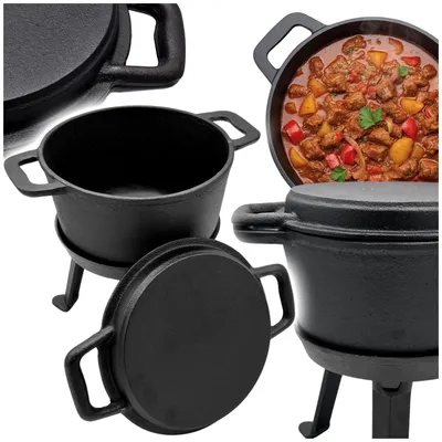 Produktbild von Dutch Oven - Gusseisen Kessel 8 L - mit Grillpfanne - Campingtopf mit Füßen für Lagerfeuer
