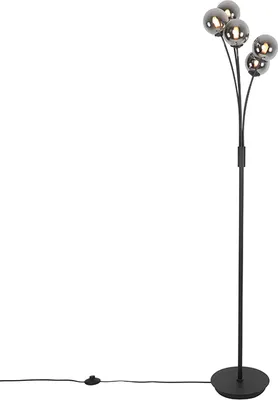 Produktbild von Qazqa Landhaus Stehleuchte, Stehlampe - Athens - Schwarz mit Rauchglas, max. 28W, Geeignet für LED, 5-flammig, 160cm, Ideal als Wohnzimmerlampe