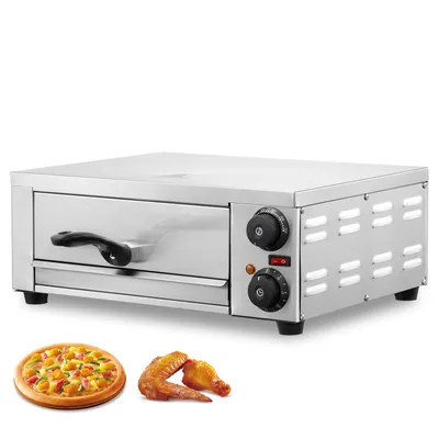 A stainless steel electric pizza oven with two control knobs and a handle on the door. A pizza and chicken wings are placed in front of the oven.