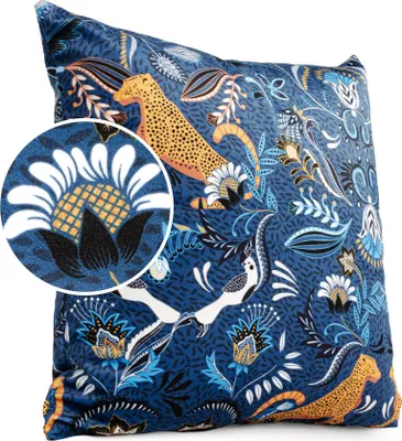 Produktbild von Dekokissen 40x40cm mit Motiv Dschungel Blau Velours Royal-Blau ohne Füllung Kissehülle mit Reißverschluss