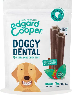 A bag of dog dental chews with an illustration of a dog and product details.