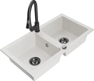 Produktbild von Mexen Mario 2-Becken-Granitspüle mit Mischbatterie Elia, Weiß - 6504-20-670101-70