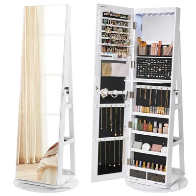 A white jewelry cabinet with its doors open, displaying various compartments filled with jewelry and cosmetics. The cabinet is shown from a slightly diagonal angle, with its full interior visible. A full-length mirror is attached to the front of the cabine