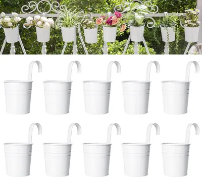 Obrázok produktu pre Závesný kvetináč 10 cm, 10 kusov, kov, biely, s odnímateľnými háčikmi, pre balkón