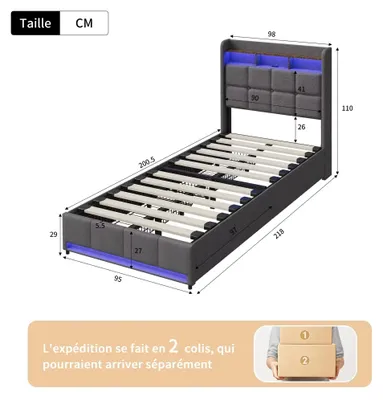 Image de Lit avec tête de lit capitonnée - Structure de lit 90x200 cm - 4 tiroirs - Tête de lit avec éclairage LED - 2 ports de charge USB et Type-C - Revêtement en lin - Gris