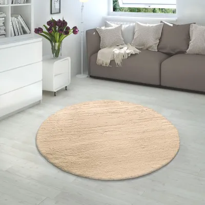 A living room scene with a sofa, a cabinet, and a round rug.