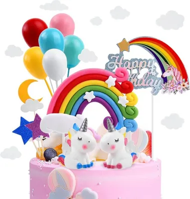 Produktbild von Einhorn Tortendeko Geburtstag, Kuchendeko, Macaron Kuchen Deko, Happy Birthday, Topper Einhorn, Regenbogen, Wolke, Ballon für Kinder Mädchen Junge