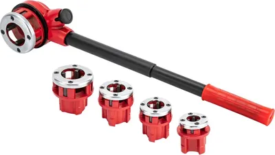 Zdjęcie produktu dla Zestaw gwintowników do rur – ręczne gwintowniki do rur – zestaw z 5 głowicami tnącymi 9,5/13/19/25/32 mm – BSPT – stal węglowa – długość uchwytu 42–43 cm – do rur ocynkowanych i PPR – czerwony