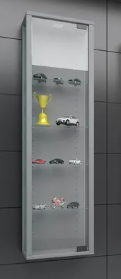 A display cabinet mounted on a wall, showcasing various miniature cars and a trophy.