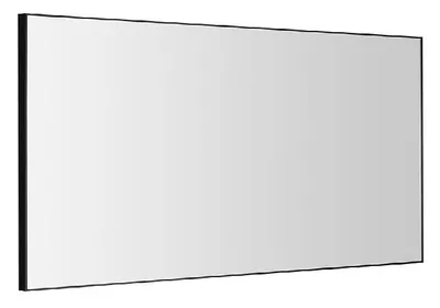A rectangular mirror with a black frame, presented against a white background.