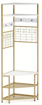 Image de Armoire - Patère - Rangement à chaussures - Banc à chaussures - Meuble de rangement - Modèle d'angle - Structure en métal doré