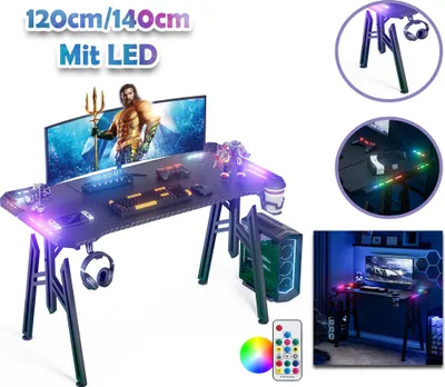 Produktbild von LARS360 M-Beinen Gaming Tisch mit LED, Schwarz Schreibtisch mit Kohlefaseroberfläche, PC Tisch mit Getränkehalter und Kopfhörerhaken, 120 x 60 x 73 cm
