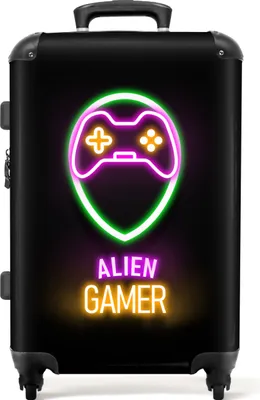 Produktbild von NoBoringSuitcases.com® Großer Koffer - Gaming - Zitate - Neon - Alien-Gamer - Controller - Kombinationsschloss TSA - Hartschalen Trolley 4 Rollen - 72 liter - Reisekoffer - 66 cmKoffer Mittelgroß 67x43x25 cm, 72L,