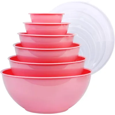 Zdjęcie produktu dla Zestaw misek do mieszania z pokrywkami, 12 sztuk, plastikowe, różowe, możliwość układania w stos, 6 rozmiarów