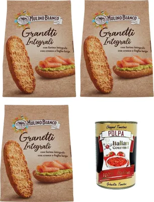 Produktbild von 3x Mulino Bianco Crostini Granetti integrali Vollkorn-Croutons, reich an Ballaststoffen Snack, 280g + Italian Gourmet polpa 400g