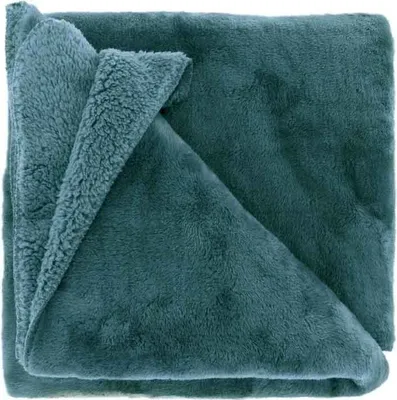 A folded teal blanket with a fluffy texture.