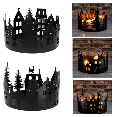 Produktbild von Deko Kerzen Tablett mit Stadthäusern 30x21 cm aus schwarzem Metall - Windlicht für Adventskranz, Weihnachtsdeko Kerzentablett, Kerzenhalter, Adventsdeko