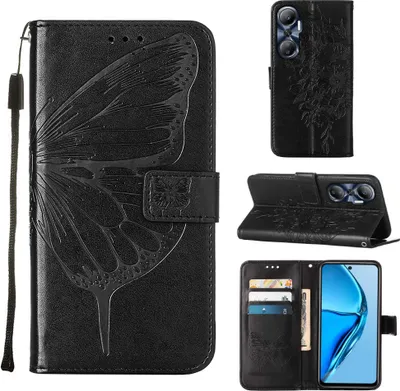 Produktbild von Infinix Hot 20 4G Hülle, Schmetterling Prägung Flip Leder Kartenfächer Schutzhülle Ledertasche mit Ständer für Infinix Hot 20 4G Schwarz
