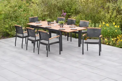 Produktbild von Merxx Gartenmöbel Set Tinos 17tlg., 8 Stapelsessel inkl. Kissen, Ausziehtisch 180 (250) x 100 cm- Aluminium/Akazie