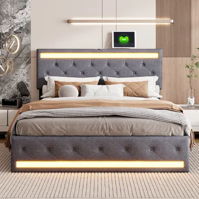Produktbild von Polsterbett 140x200cm mit LED/USB und höhenverstellbarem Kopfteil, Doppelbett mit Lattenrost und 4 Schubladen, Stauraumbett Leinen, Grau